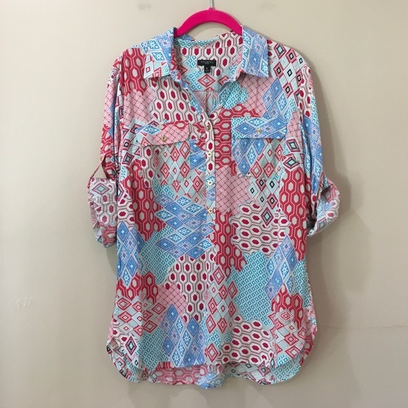 NWOT Talbots shirt tops roll tap sleeve geomatric button colorful Multicolor - Picture 1 of 5
